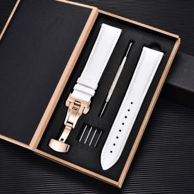 Unisex Double-sided Head Layer Cowhide Buckle Type Leather Watch Strap Bow Buckle Premium Needle Pattern (Option: White-Rose gold-16mm)