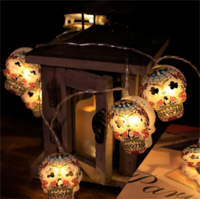 Halloween Battery Remote Control USB LED String Lights (Option: New flower skull-1.5meters 10lights color)