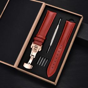 Unisex Double-sided Head Layer Cowhide Buckle Type Leather Watch Strap Bow Buckle Premium Needle Pattern (Option: Red-Rose gold-16mm)