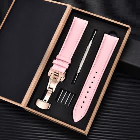 Unisex Double-sided Head Layer Cowhide Buckle Type Leather Watch Strap Bow Buckle Premium Needle Pattern (Option: Pink-Rose gold-16mm)